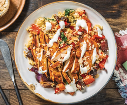 Grilled Chicken Pieces with Roasted Vegetable Cous Cous and Yoghurt Dressing