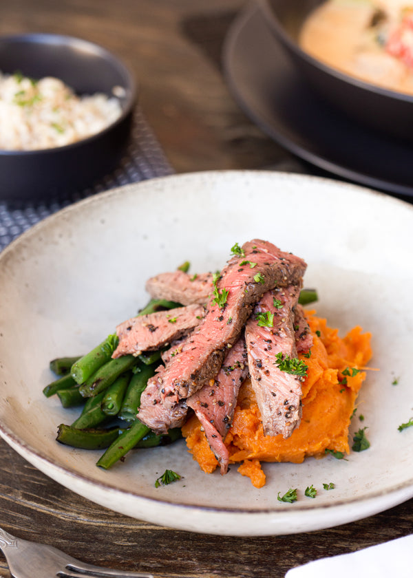 Pepper steak pieces with sweet potato mash and green beans( GF)