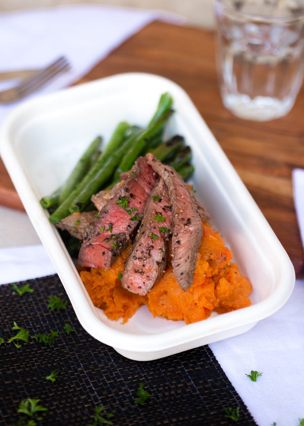 Pepper steak pieces with sweet potato mash and green beans( GF)