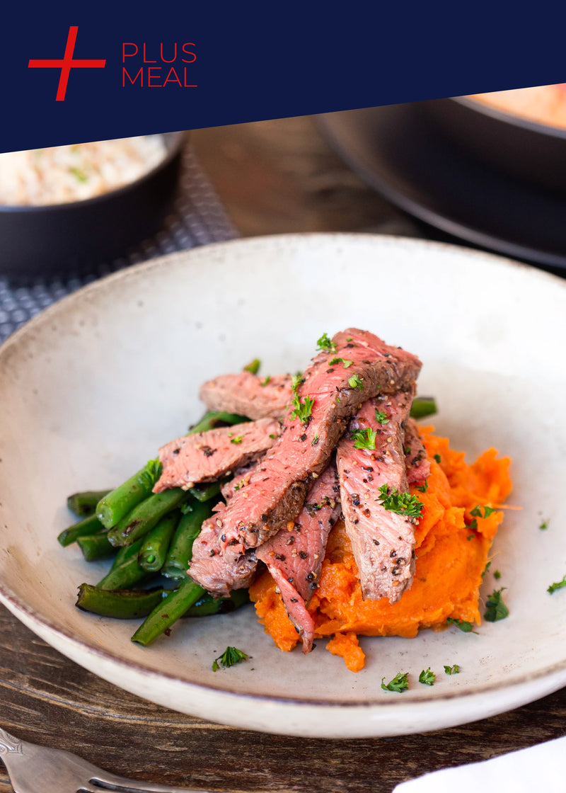 Pepper steak pieces with sweet potato mash and green beans GF GYM CHALLENGE + PLUS MEAL