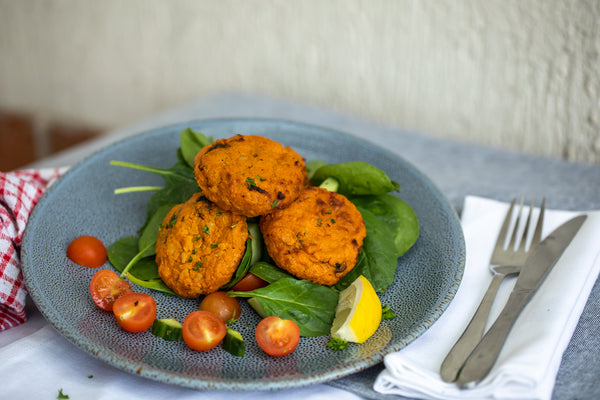Sweet potato and brown rice vegetable patties with salad (GF, V)